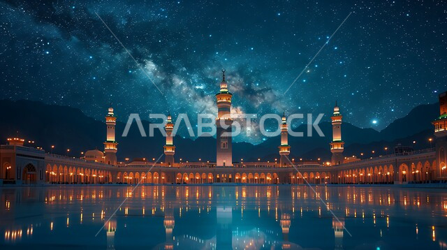 منظر طبيعي للنجوم المتناثره في السماء ليلا, خلفيات وديكورات رمضانيه للجوامع المضيئة في وضع الليل، تصميم لمسجد اسلامي متميز، العباده واداء الصلاه على وقتها، الفن الهندسي والمعماري للمساجد في المملكة العربية السعودية