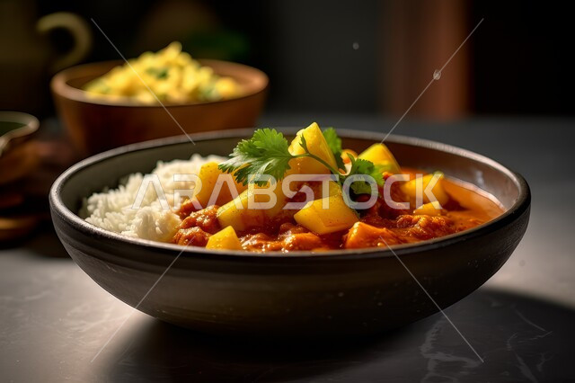 صحن من الأرز الأبيض مع حساء الخضراوات والكاري المزنين بالبقدونس، أطباق ووجبات عربية تقليدية شعبية, مطاعم المملكة العربية السعودية, المأكولات الشرقية الشهية, وصفات أطعمة المطبخ السعودي، فنون تقديم الطعام