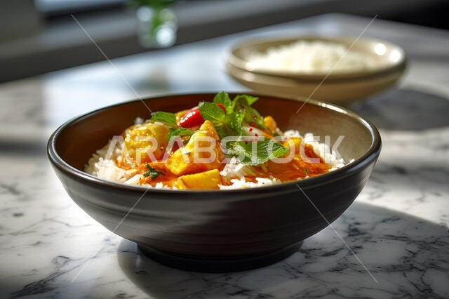 فنون تقديم الطعام، طبق من الأرز الأبيض مع حساء الخضراوات والكاري المزنين بالبقدونس، أطباق ووجبات عربية تقليدية شعبية, مطاعم المملكة العربية السعودية, المأكولات الشرقية الشهية, وصفات أطعمة المطبخ السعودي