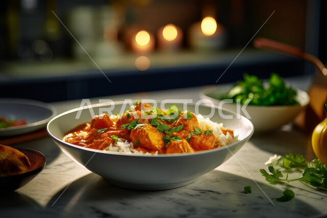 طبق من الأرز الأبيض مع حساء الخضراوات والكاري المزنين بالبقدونس، أطباق ووجبات عربية تقليدية شعبية, مطاعم المملكة العربية السعودية, المأكولات الشرقية الشهية, وصفات أطعمة المطبخ السعودي، فنون تقديم الطعام