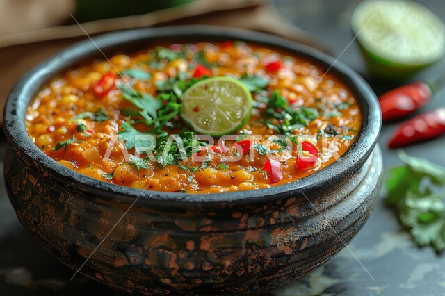 طبق من حساء الخضار مع صلصة الكاري المزين بالأعشاب الخضراء, أطباق وأكلات شعبية تقليدية، المقبلات الساخنة الشهية، المأكولات والوجبات الشرقية، وصفات الطعام الآسيوية, مطابخ ومطاعم المملكة العربية السعودية