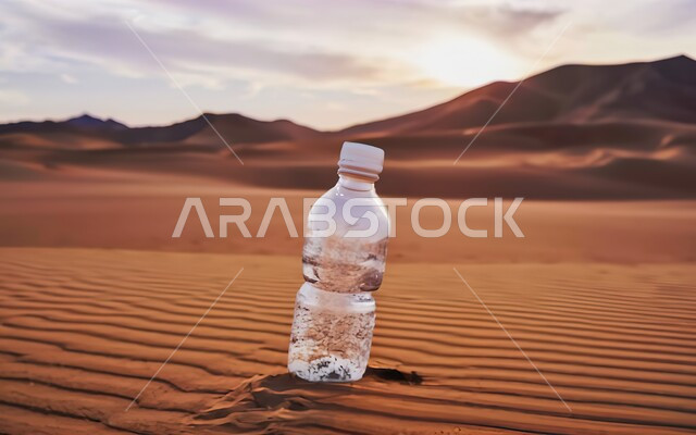 زجاجة مملوءة بالماء وسط الصحراء، منظر التلال والكثبان الرملية، الرمال الذهبية الناعمة في الأماكن الصحراوية، مناطق البادية والبيئة الطبيعية في المملكة العربية السعودية