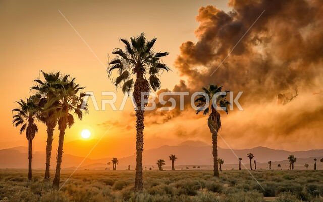 العواصف والرياح الهائجة في الصحاري العربية, البيئة الصحراوية في المملكة, تمايل أشجار النخيل في صحراء السعودية, تشكل التلال و الهضاب والكثبان الرملية 