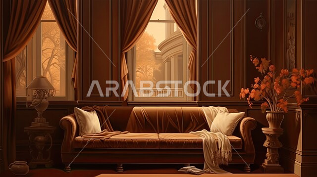 التصاميم الداخلية لغرف الجلوس على الطراز الحديث، رسوم توضيحية لغرفة معيشة باللون البني مع أثاث منزلي مريح، تحف واكسسوارات فاخرة، فن الهندسة المعمارية والديكور الداخلي خشبي في الفلل والشقق السكنية، نوافذ وواجهات زجاجية مطلة علة المنازل