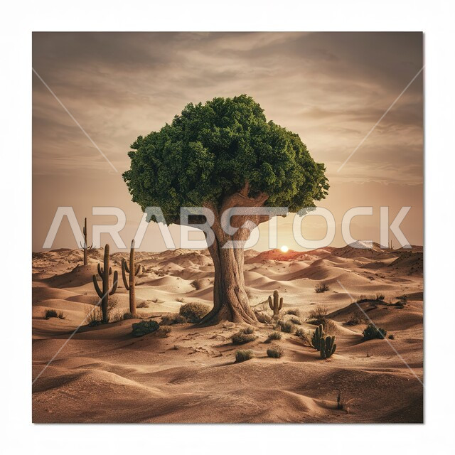 التكوينات والتشكيلات الرملية الذهبيه الناعمة في المناطق الصحراوية، ظهور شجرة خضراء وسط البيئة الجافة في الصحراء والمناطق البرية، أماكن ومعالم طبيعية سياحية