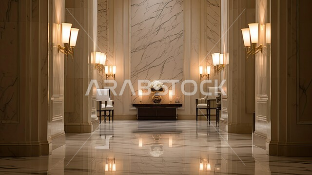الديكورات الداخلية للفنادق والمنتجعات الحديثة، التحف الفاخرة والإكسسوارات، الهندسة المعمارية المتطورة، الأعمدة والأسقف والأرضيات الرخامية الراقية، الأنوار والفوانيس المضيئة في ردهات الفنادق