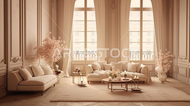 نوافذ وواجهات زجاجية، الديكورات الداخلية الراقية للفلل والشقق السكنية في المملكة العربية السعودية، اكسسوارات وتحف عصرية، غرفة معيشة مع أثاث منزلي فاخر باللون البيج، التصاميم الداخلية لغرف الجلوس المريحة على الطراز الحديث