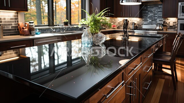 واجهات ونوافذ زجاجية مطلة على الطبيعة، الشقق والفلل السكنية في المملكة العربية السعودية، التصميم الهندسي الكلاسيكي للمطابخ، أدوات منزلية حديثة بتقنيات عالية، صورة مقربة لطاولة مطبخ خشبي فاخر