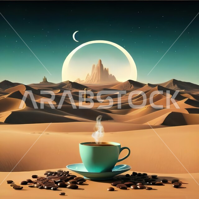 الاستمتاع بالمشروبات الساخنة في الطبيعة الصحراوية، التشكيلات الرملية في المناطق الصحراوية، نمط الحياة في البادية، صورة مقربة لكوب من القهوة العربية مع حبات البن على الرمال الذهبية الناعمة في الصحراء، منتجات محلية وطنية