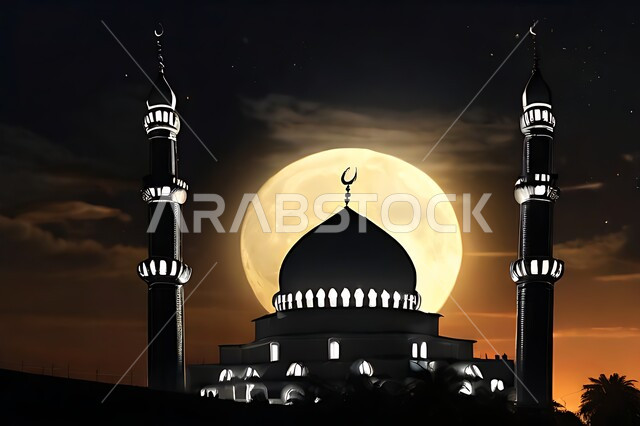 منظر البدر المكتمل في السماء، معالم و أماكن دينية مقدسة في المملكة العربية السعودية، العبادة والتقرب إلى الله، الديكورات الاسلامية على الطراز الحديث للمساجد والجوامع، الفن الهندسي المعماري المتميز للمآذن والقبب