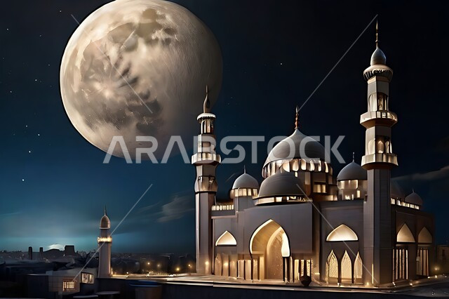 الفن الهندسي المعماري المتميز للمآذن والقبب، منظر البدر المكتمل في السماء، معالم و أماكن دينية مقدسة في المملكة العربية السعودية، العبادة والتقرب إلى الله، الديكورات الاسلامية على الطراز الحديث للمساجد والجوامع