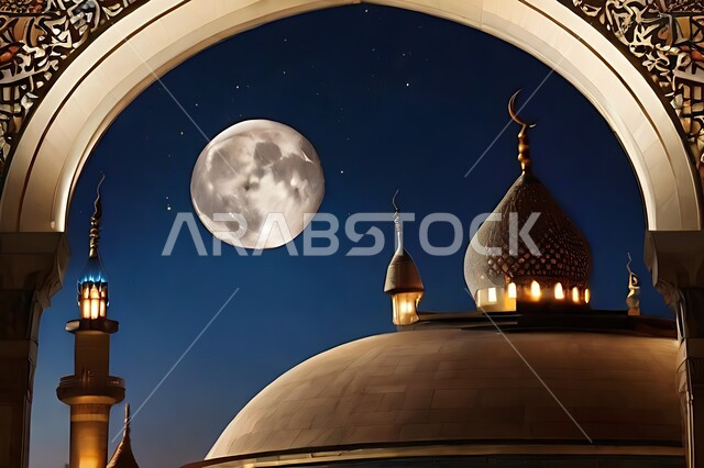 الديكورات الاسلامية على الطراز الحديث للمساجد والجوامع، الفن الهندسي المعماري المتميز للمآذن والقبب، منظر البدر المكتمل في السماء، معالم و أماكن دينية مقدسة في المملكة العربية السعودية، العبادة والتقرب إلى الله