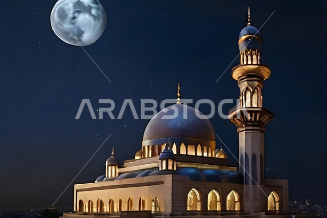 العبادة والتقرب إلى الله، الديكورات الاسلامية على الطراز الحديث للمساجد والجوامع، الفن الهندسي المعماري المتميز للمآذن والقبب، منظر البدر المكتمل في السماء، معالم و أماكن دينية مقدسة في المملكة العربية السعودية
