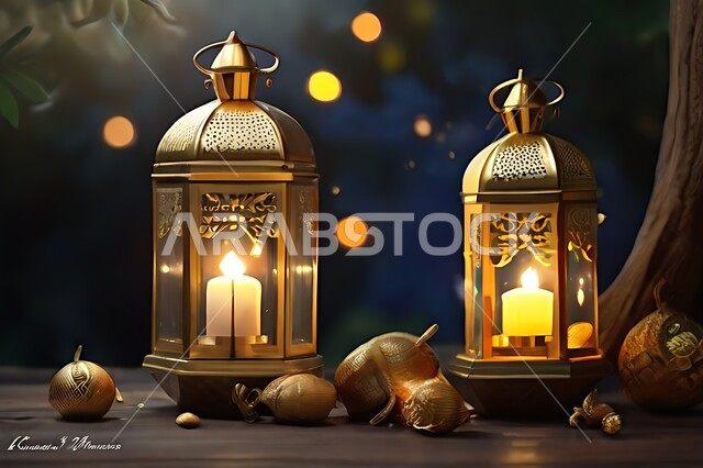 Celebrating Islamic holidays and occasions, decorations, lights and accessories, Ramadan religious atmosphere, traditional Arabic metal lantern, lighting and decorations for the month of Ramadan.