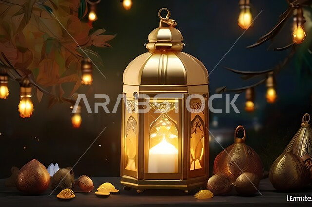 Lighting and decorations for the month of Ramadan, celebration of Islamic holidays and occasions, decorations, lights and accessories, Ramadan religious atmosphere, traditional Arabic metal lantern.