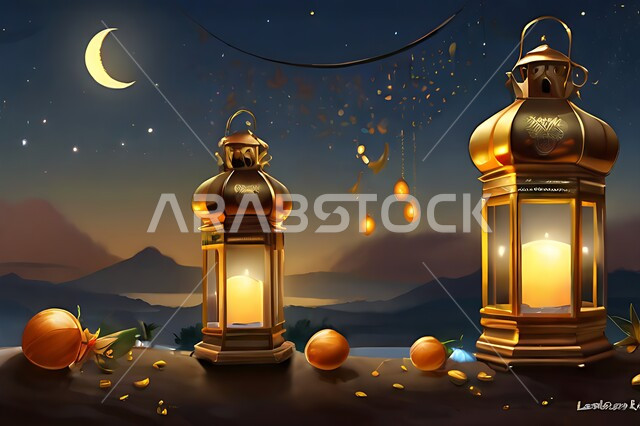 Traditional metal Arabic lantern, lighting and decorations for the month of Ramadan, celebration of Islamic holidays and occasions, decorations, lights and accessories, Ramadan religious atmosphere