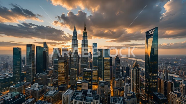 Architectural engineering art for residential and commercial buildings and facilities at sunrise, urban progress and expansion in Saudi Arabia, an aerial photo of towers and skyscrapers in the Kingdom of Arabia, future vision 2030