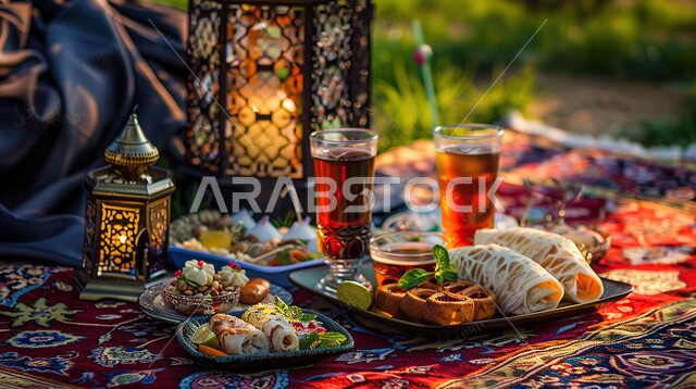 Unique antiques and accessories, Ramadan decorations and ornaments, Islamic religious celebrations and holidays, Close-up of a traditional metal lantern, Hot drinks and delicious Ramadan hospitality, Healthy and nutritious food, Highly nutritious meal, Local and national products and crops