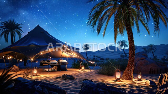 Adventures and wilderness outings, fun youth camping atmosphere, tourist camps in the deserts of the Kingdom of Saudi Arabia, a tent set up in a desert area, nature and soft golden sand