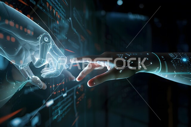 رؤية مستقبلية سعودية 2030, روبوت ذكي وحديث, تطور تقنيات الذكاء الاصطناعي, صورة مقربة ليد شخص يقوم بلمس يد رجل آلي عصري متطور عبر شاشة الكترونية باللون الازرق, التحول الرقمي والتقدم التقني