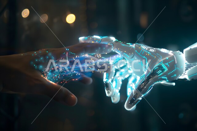 التحول الرقمي والتقدم التقني، رؤية مستقبلية سعودية 2030, روبوت ذكي وحديث, تطور تقنيات الذكاء الاصطناعي, صورة مقربة ليد شخص يقوم بلمس يد رجل آلي عصري متطور عبر شاشة الكترونية باللون الازرق