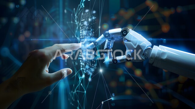 تطور تقنيات الذكاء الاصطناعي, روبوت ذكي وحديث, رؤية مستقبلية سعودية 2030, صورة مقربة ليد شخص يقوم بلمس يد رجل آلي عصري متطور عبر شاشة الكترونية باللون الازرق, التحول الرقمي والتقدم التقني