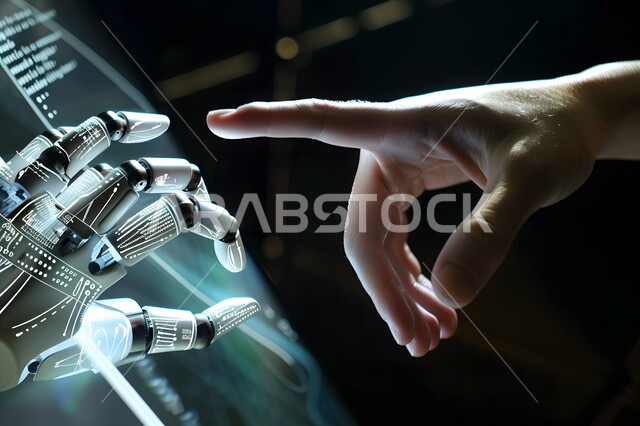 روبوت ذكي وحديث, تطور تقنيات الذكاء الاصطناعي, رؤية مستقبلية سعودية 2030, صورة مقربة ليد شخص يقوم بلمس يد رجل آلي عصري متطور عبر شاشة الكترونية باللون الازرق, التحول الرقمي والتقدم التقني