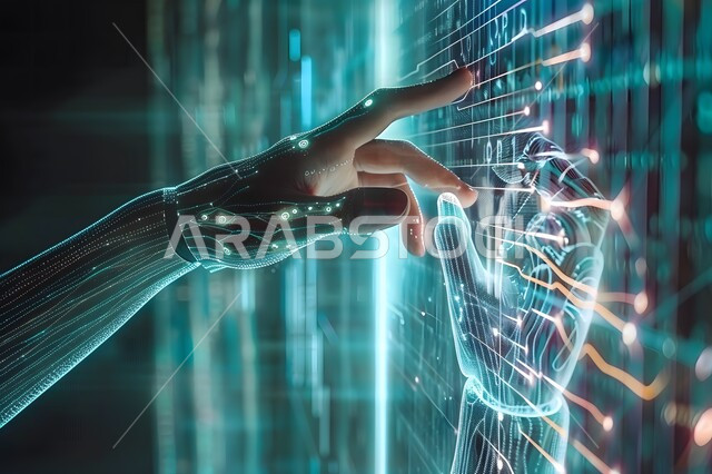 رؤية مستقبلية سعودية 2030, روبوت ذكي وحديث, تطور تقنيات الذكاء الاصطناعي, صورة مقربة ليد شخص يقوم بلمس يد رجل آلي عصري متطور عبر شاشة الكترونية باللون الازرق, التحول الرقمي والتقدم التقني