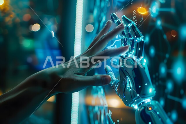 تطور تقنيات الذكاء الاصطناعي, روبوت ذكي وحديث, رؤية مستقبلية سعودية 2030, صورة مقربة ليد شخص يقوم بلمس يد رجل آلي عصري متطور عبر شاشة الكترونية باللون الازرق, التحول الرقمي والتقدم التقني