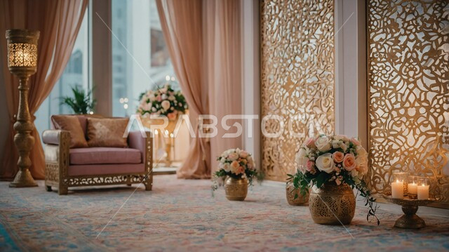 قاعات للمناسبات و الاعراس، غرفة ملكية بتصاميم عصرية جذابة، ديكورات داخلية انيقة وفاخرة، مزهريات مليئة بالورود، مصابيح معدنية تقليدية، كوشة أفراح لحفلات الزفاف