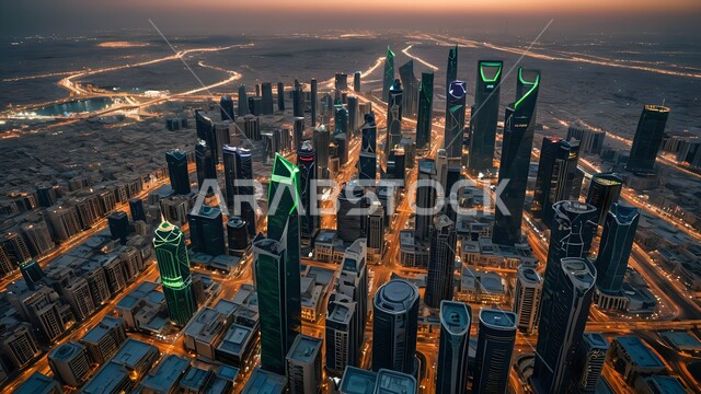 المنشآت التجارية والمباني والأبراج المضيئة ليلا، رؤية مستقبلية سعودية 2030، مفهوم تطوير وتحسين البنية التحتية، منظر تخيلي مستقبلي للتقدم و النمو العمراني، الفنون الهندسية المعمارية الحديثة لناطحات السحاب في المملكة
