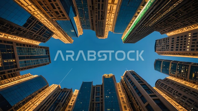 Modern architectural engineering arts of skyscrapers in the Kingdom, commercial establishments, buildings and towers in the daytime, Saudi Vision 2030, the concept of developing and improving infrastructure, an imaginary future view from below of urban progress and growth