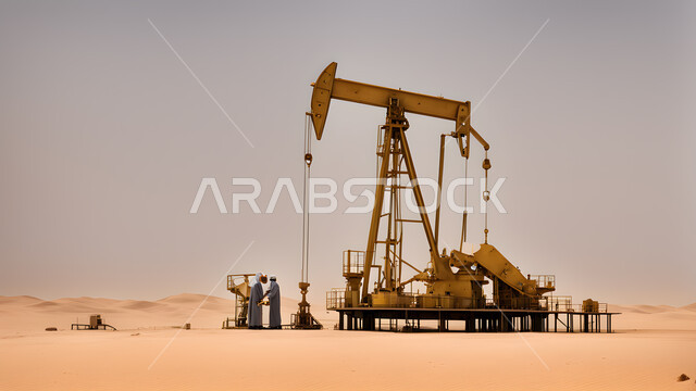 رافعات وآلات حفر ضخمة لاستخراج النفط والزيوت, حفارة تقوم بالتنقيب عن النفط في الصحراء في النهار, استيراد وتصدير الثروات الباطنية، جودة الأدوات والمعدات لصناعة وتخزين البترول