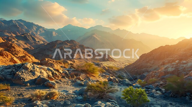 Rock formations and formations, terrain in the areas of peaks and highlands at sunrise, enjoying the natural scenery in tourist places, areas of trips and adventures and spending a fun time, mountainous nature in the Kingdom of Saudi Arabia
