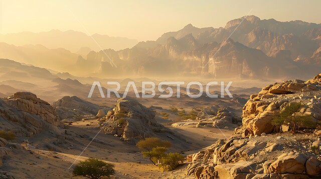 Mountainous nature in the Kingdom of Saudi Arabia, rock formations and formations, terrain in the areas of peaks and highlands at sunrise, enjoying the natural scenery in tourist places, areas of trips and adventures and spending a fun time