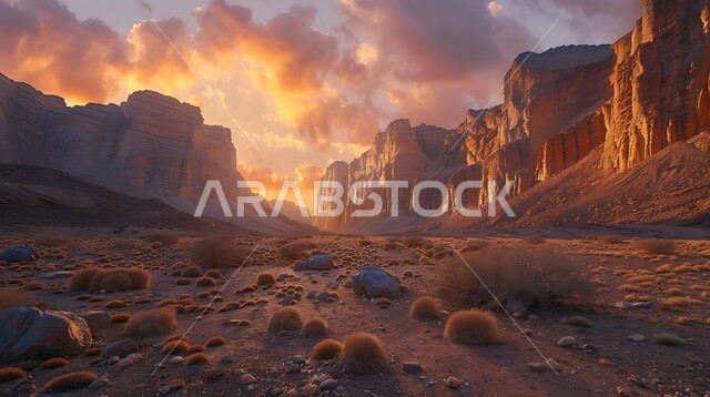 Mountainous nature in the Kingdom of Saudi Arabia, rock formations and formations, terrain in the areas of peaks and highlands at sunrise, enjoying the natural scenery in tourist places, areas of trips and adventures and spending a fun time