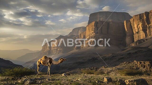 Mountainous nature in the Kingdom of Saudi Arabia, rock formations and formations, terrain in the areas of peaks and highlands at sunrise, enjoying the natural scenery in tourist places, areas of trips and adventures and spending a fun time