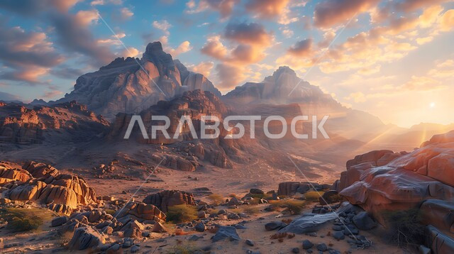 مناطق الرحلات والمغامرات وقضاء الوقت الممتع, الطبيعة الجبلية في المملكة العربية السعودية, التكوينات والتشكيلات الصخرية, التضاريس في مناطق القمم والمرتفعات عند شروق الشمس, الاستمتاع بالمناظر الطبيعية في الأماكن السياحة