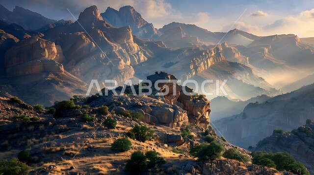 Areas of trips, adventures and spending a good time, mountainous nature in the Kingdom of Saudi Arabia, rock formations and formations, terrain in the areas of peaks and highlands at sunrise, enjoying the natural scenery in tourist places