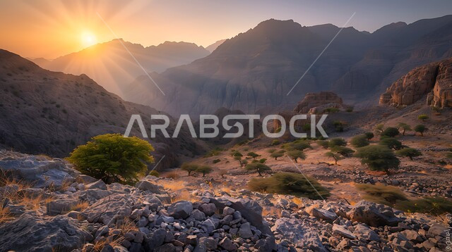 Areas of trips, adventures and spending a good time, mountainous nature in the Kingdom of Saudi Arabia, rock formations and formations, terrain in the areas of peaks and highlands at sunrise, enjoying the natural scenery in tourist places
