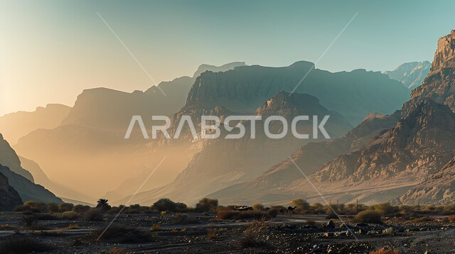 Mountainous nature in the Kingdom of Saudi Arabia, rock formations and formations, terrain in the areas of peaks and highlands at sunrise, enjoying the natural scenery in tourist places, areas of trips and adventures and spending a fun time