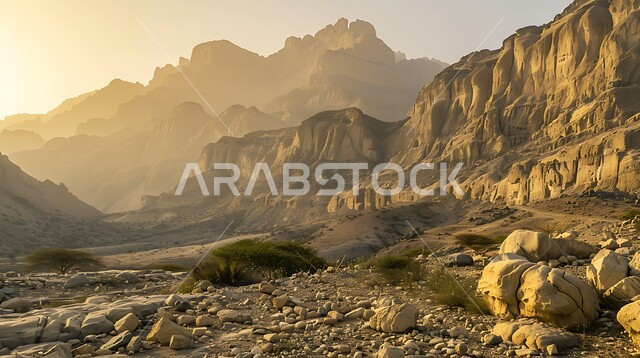 Mountainous nature in the Kingdom of Saudi Arabia, rock formations and formations, terrain in the areas of peaks and highlands at sunrise, enjoying the natural scenery in tourist places, areas of trips and adventures and spending a fun time