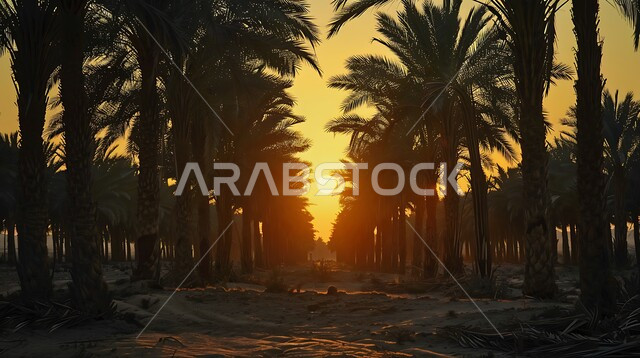  محميه طبيعيه لزراعة اشجار النخل وقت غروب الشمس، حقول واراضي زراعيه، منتج عربي محلي وطني، محصول التمر والرطب السعودي، مزارع النخيل الخضراء في المملكة العربية السعودية