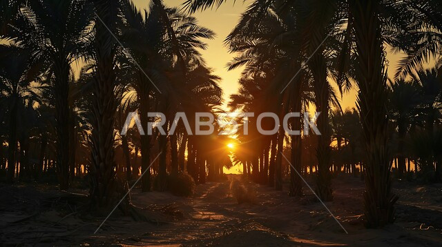 حقول واراضي زراعيه، منتج عربي محلي وطني، محصول التمر والرطب السعودي، مزارع النخيل الخضراء في المملكة العربية السعودية، محميه طبيعيه لزراعة اشجار النخل وقت غروب الشمس