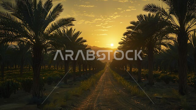 حقول واراضي زراعيه، منتج عربي محلي وطني، محصول التمر والرطب السعودي، مزارع النخيل الخضراء في المملكة العربية السعودية، محميه طبيعيه لزراعة اشجار النخل وقت غروب الشمس