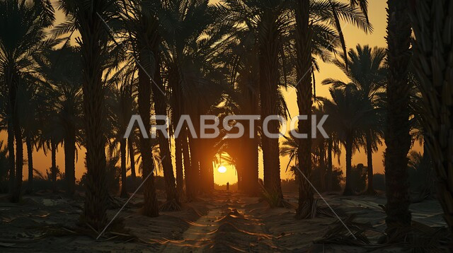  محميه طبيعيه لزراعة اشجار النخل وقت غروب الشمس، حقول واراضي زراعيه، منتج عربي محلي وطني، محصول التمر والرطب السعودي، مزارع النخيل الخضراء في المملكة العربية السعودية