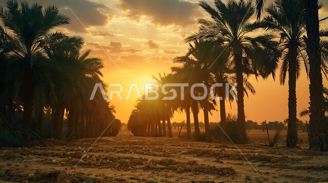 حقول واراضي زراعيه، منتج عربي محلي وطني، محصول التمر والرطب السعودي، مزارع النخيل الخضراء في المملكة العربية السعودية، محميه طبيعيه لزراعة اشجار النخل وقت غروب الشمس