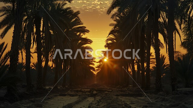 حقول واراضي زراعيه، منتج عربي محلي وطني، محصول التمر والرطب السعودي، مزارع النخيل الخضراء في المملكة العربية السعودية، محميه طبيعيه لزراعة اشجار النخل وقت غروب الشمس