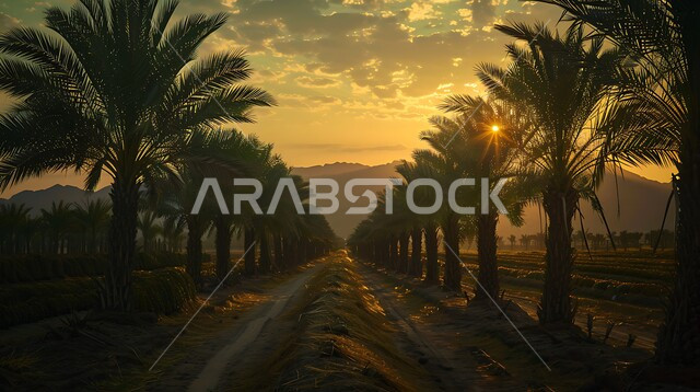 حقول واراضي زراعيه، منتج عربي محلي وطني، محصول التمر والرطب السعودي، مزارع النخيل الخضراء في المملكة العربية السعودية، محميه طبيعيه لزراعة اشجار النخل وقت غروب الشمس