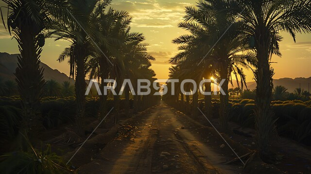 حقول واراضي زراعيه، منتج عربي محلي وطني، محصول التمر والرطب السعودي، مزارع النخيل الخضراء في المملكة العربية السعودية، محميه طبيعيه لزراعة اشجار النخل وقت غروب الشمس